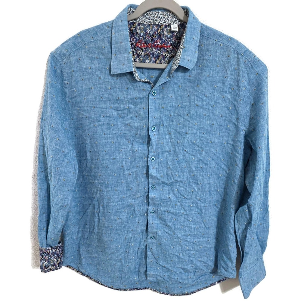 Robert‎ Graham Shirt Mens 2XL Blue Geometric Long Sleeve Button Front Chambray